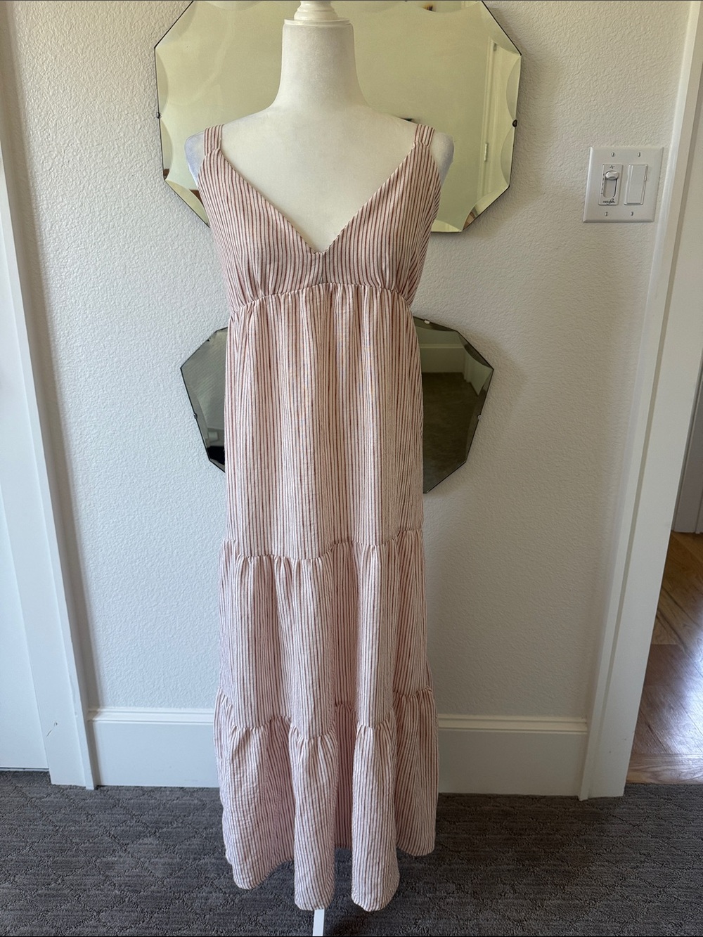 Steve Madden Pink-Striped V-Neck Tiered Maxi Dress